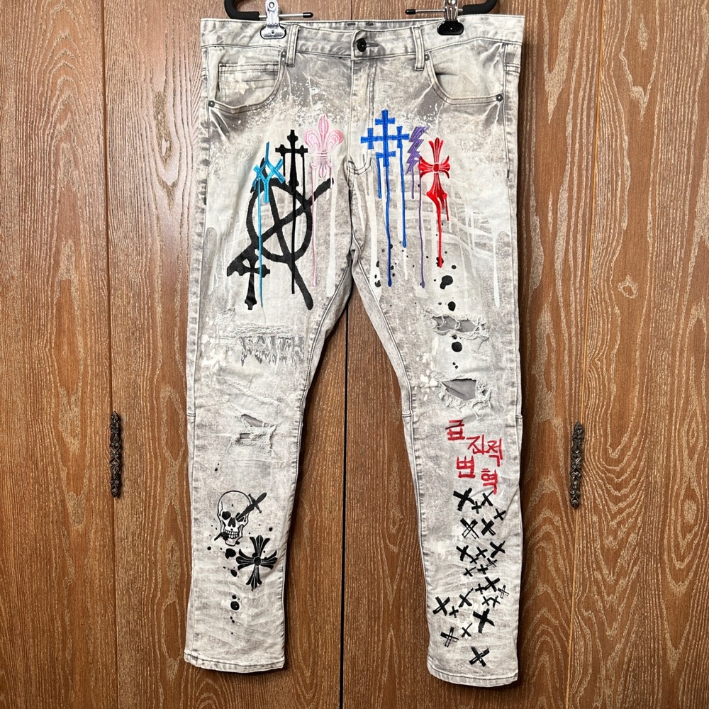 Smoke Rise Mens Distressed Graphic Jeans Gray Acid Wash Skinny 38x31 Streetwear